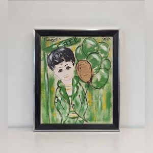 Vintage Francois Paris Original Painting Boy w/ Green Balloons Midcentury Framed